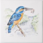 Cut out of hand painted Kingfisher bird square tile with a countryside background