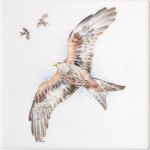 Cut out of hand painted red kite bird square tile with an ivory background