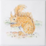 Cut out of hand painted squirrel square tile with an ivory background