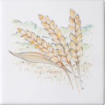 Cut out of hand painted wheat ears square tile with an ivory background