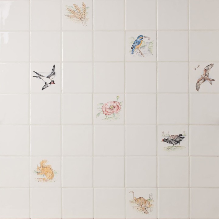 Wall of british wildlife animal square tiles, painted by hand. From squirrels and swallows to kites and moorhens