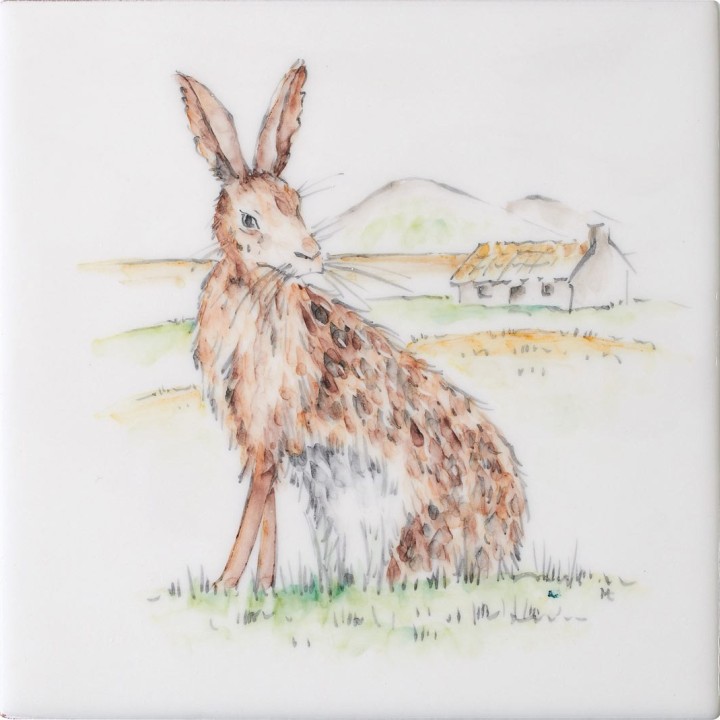 Cut out of hand painted hare square tile with an ivory background