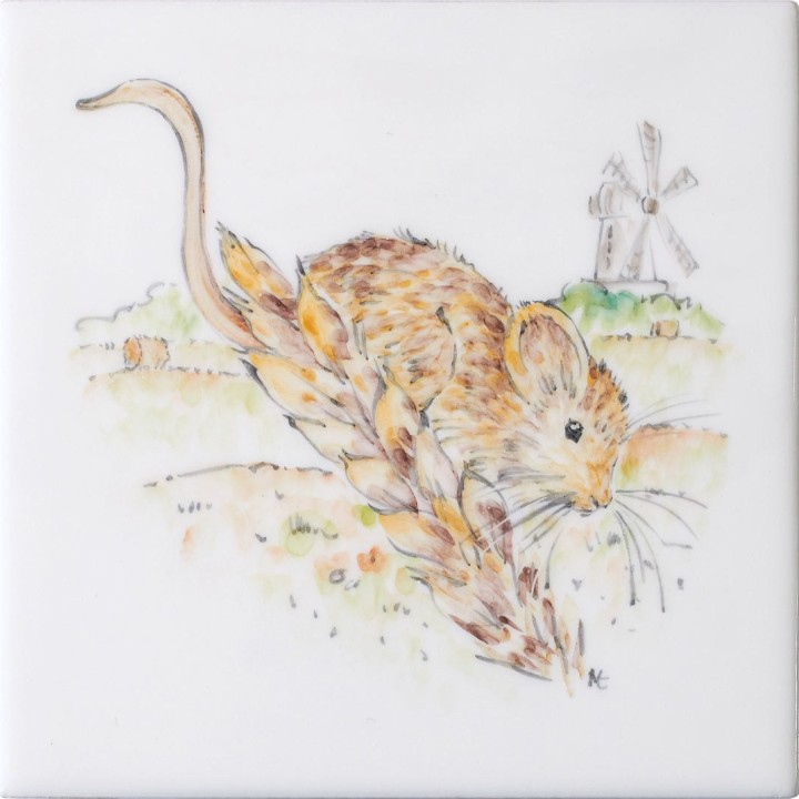 Cut out of hand painted harvest mouse square tile with an ivory background