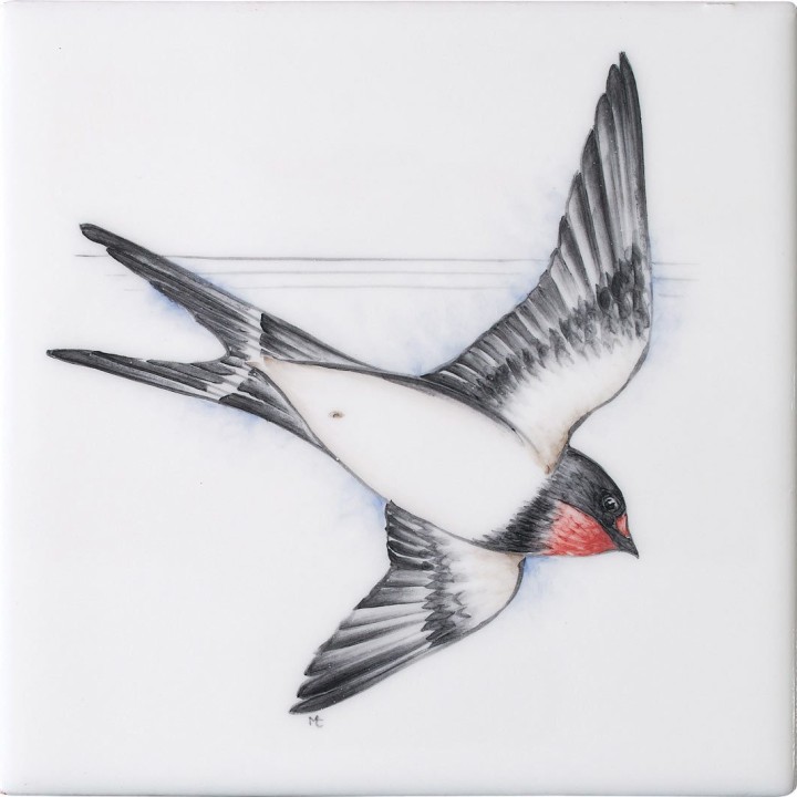 Cut out of hand painted swallow bird square tile with an ivory background