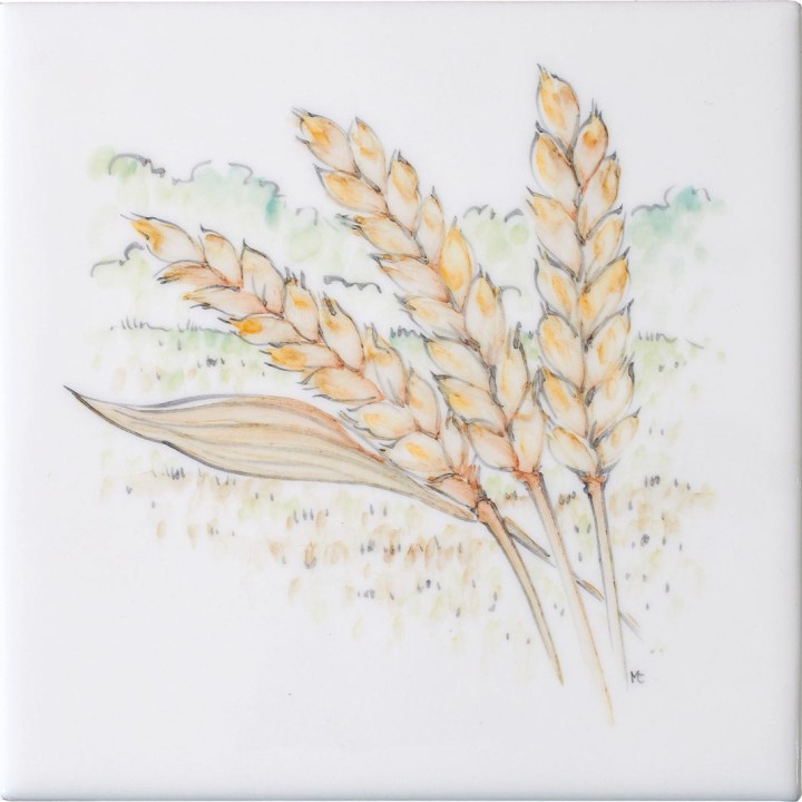 Cut out of hand painted wheat ears square tile with an ivory background