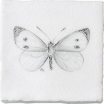 Cut out of a hand painted butterfly taco square tile in a charcoal etching style