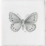 Cut out of a hand painted butterfly taco square tile in a charcoal etching style