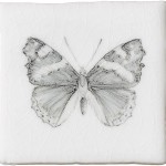 Cut out of a hand painted butterfly taco square tile in a charcoal etching style