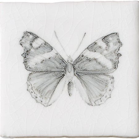 Cut out of a hand painted butterfly taco square tile in a charcoal etching style