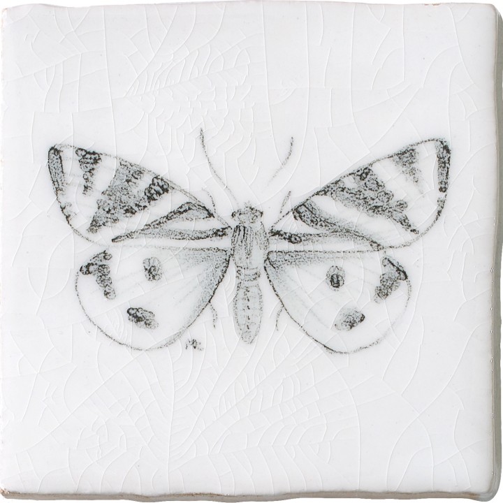 Cut out of a hand painted butterfly taco square tile in a charcoal etching style