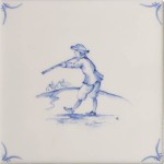 Cut out of a delft figure square tile with the classic blue style with an ivory background and delft corners