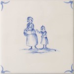 Cut out of a delft figure square tile with the classic blue style with an ivory background and delft corners