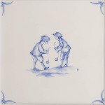 Cut out of a delft figure square tile with the classic blue style with an ivory background and delft corners