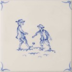 Cut out of a delft figure square tile with the classic blue style with an ivory background and delft corners