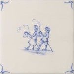 Cut out of a delft figure square tile with the classic blue style with an ivory background and delft corners