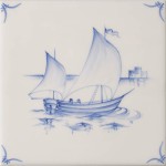 Cut out of a delft sailing ship square tile with the classic blue style with an ivory background and delft corners