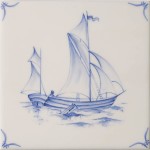 Cut out of a delft sailing ship square tile with the classic blue style with an ivory background and delft corners