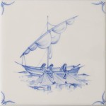 Cut out of a delft ship square tile with the classic blue style with an ivory background and delft corners