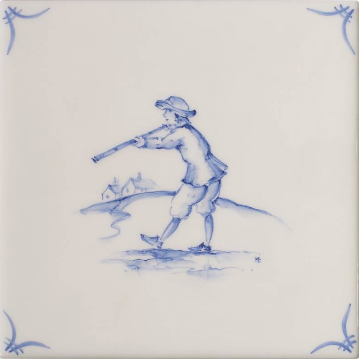 Cut out of a delft figure square tile with the classic blue style with an ivory background and delft corners