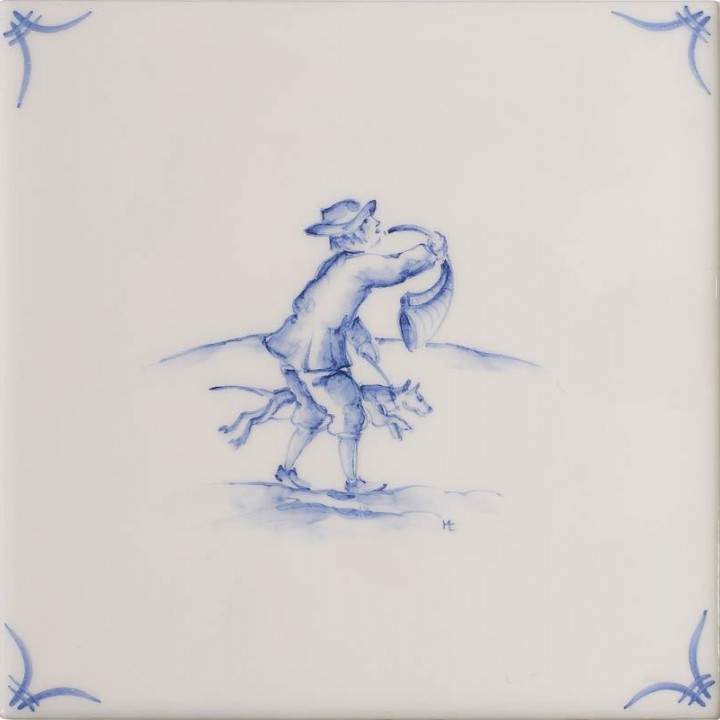 Cut out of a delft figure square tile with the classic blue style with an ivory background and delft corners