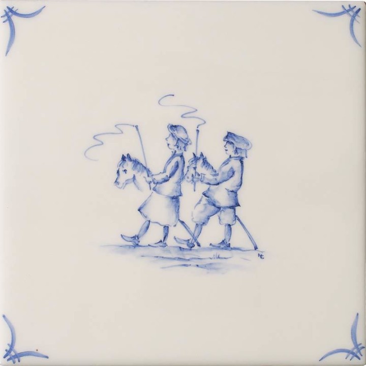 Cut out of a delft figure square tile with the classic blue style with an ivory background and delft corners