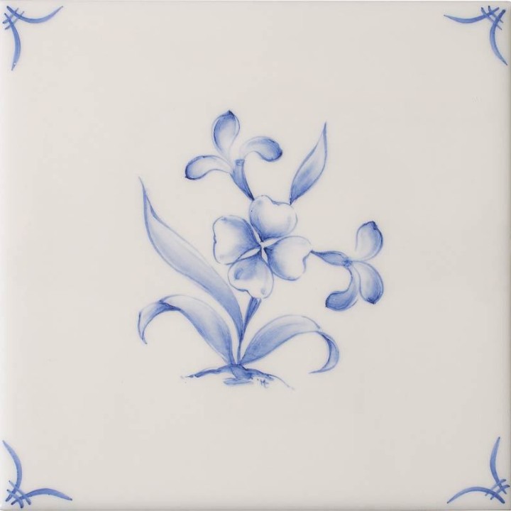 Cut out of a delft flower square tile with the classic blue style with an ivory background and delft corners