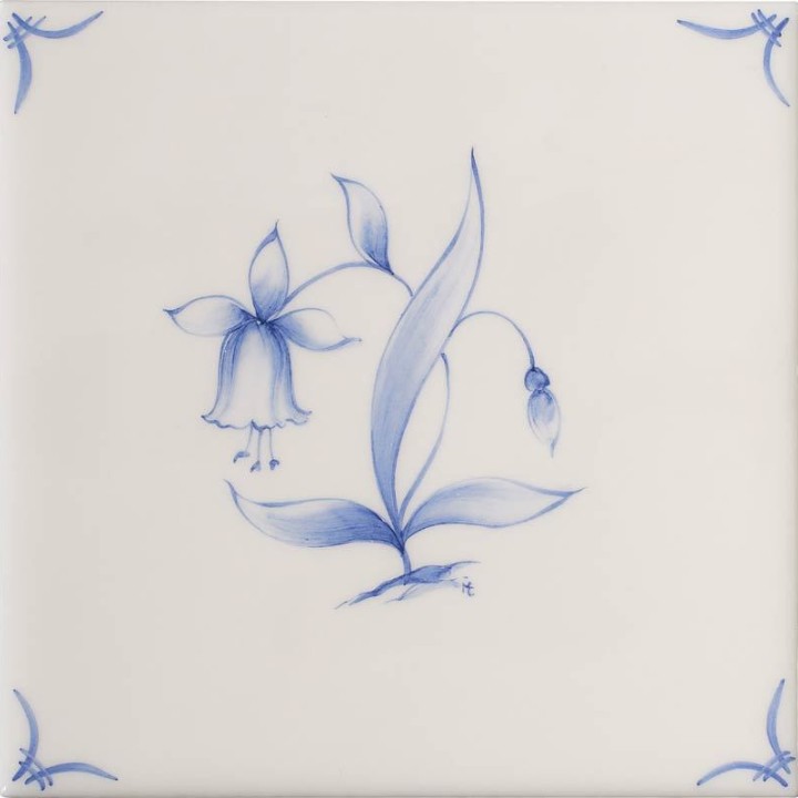 Cut out of a delft flower square tile with the classic blue style with an ivory background and delft corners