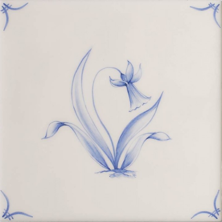 Cut out of a delft flower square tile with the classic blue style with an ivory background and delft corners