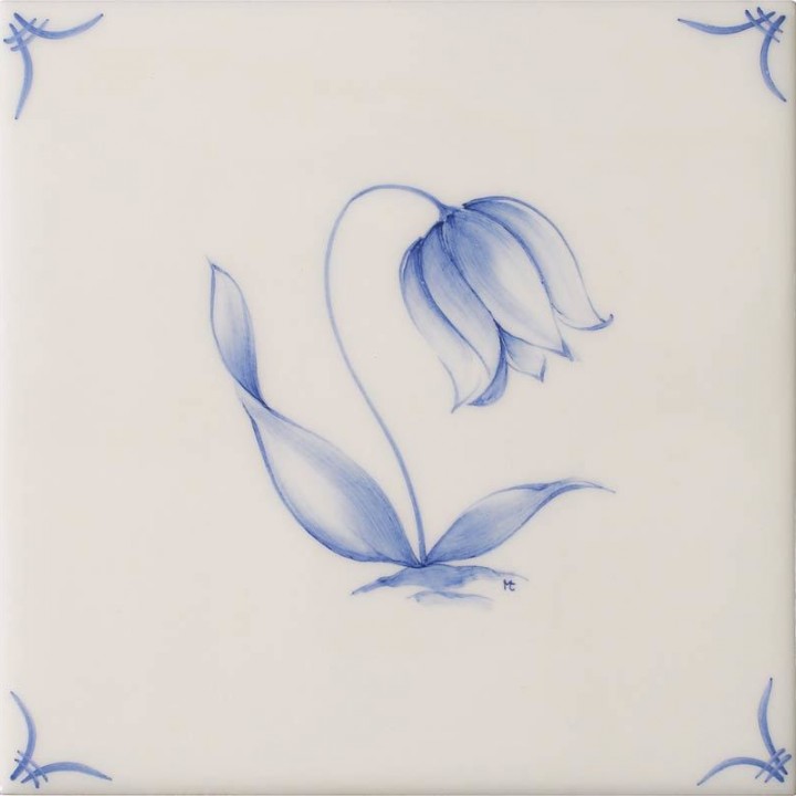 Cut out of a delft flower square tile with the classic blue style with an ivory background and delft corners