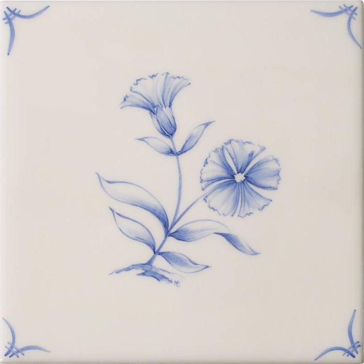 Cut out of a delft flower square tile with the classic blue style with an ivory background and delft corners