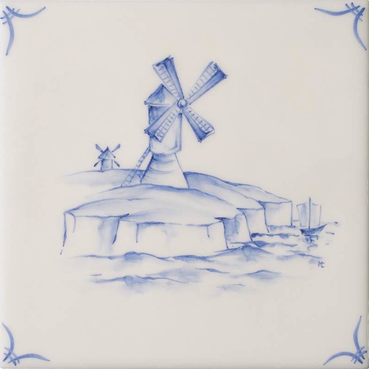 Cut out of a delft windmill square tile with the classic blue style with an ivory background and delft corners