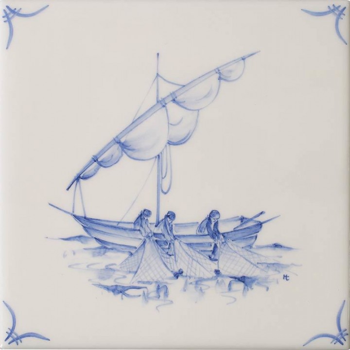 Cut out of a delft ship square tile with the classic blue style with an ivory background and delft corners