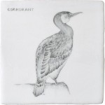 Cut out of a hand painted Cormorant bird square tile in a classic charcoal style