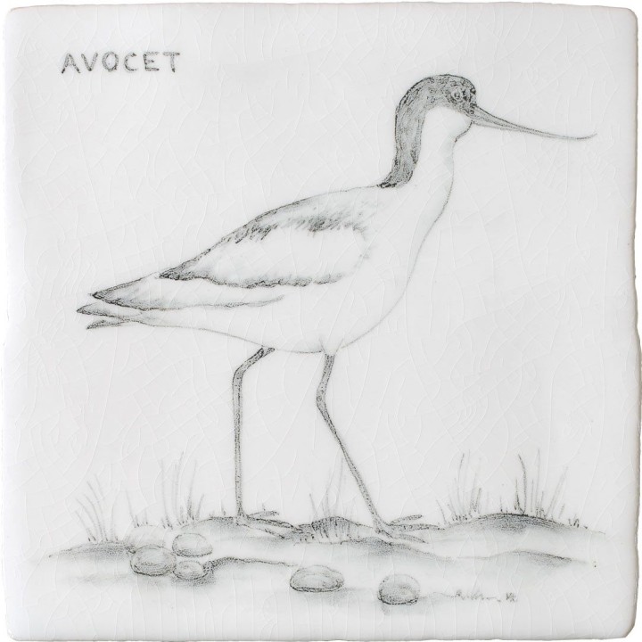 Cut out of a hand painted Avocet bird square tile in a classic charcoal style