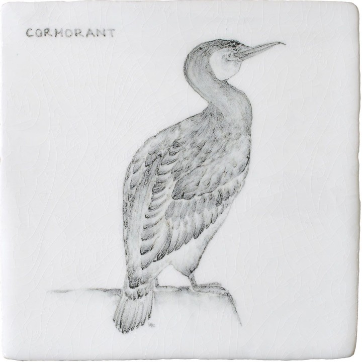 Cut out of a hand painted Cormorant bird square tile in a classic charcoal style