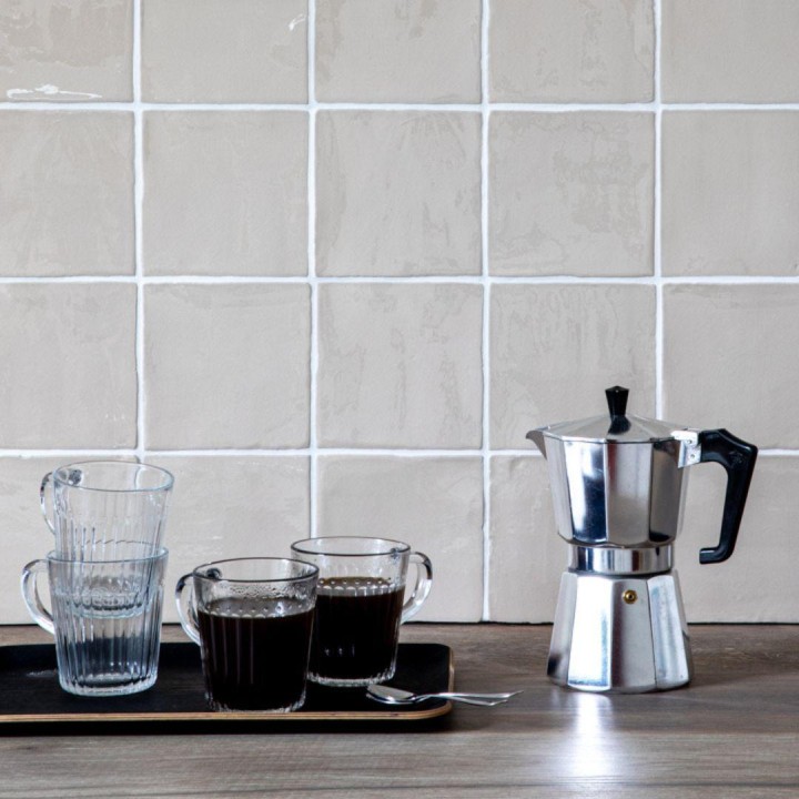 Contemporary Classic Hazelwood Taupe square wall tiles with white grout