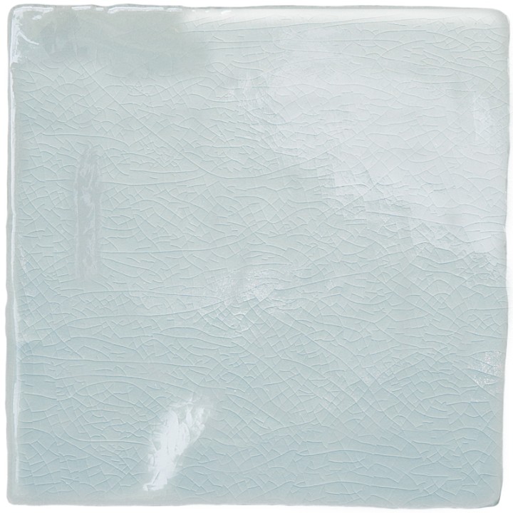 Cut out image of a duck egg blue crackle glazed square tile