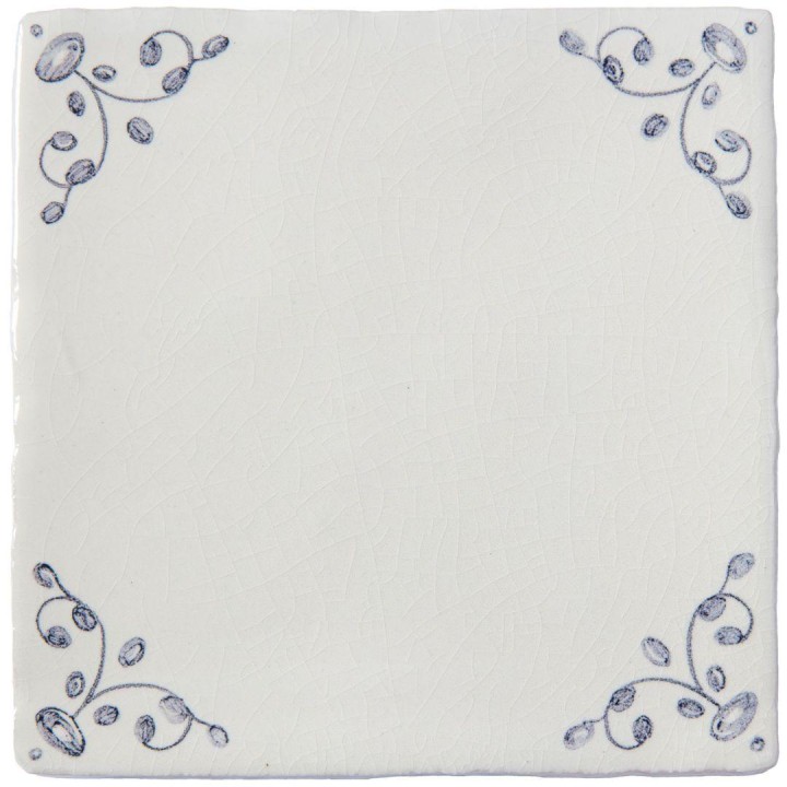 Sylvia Blue Ornamental Corner motifs on Antique White 13x13 tile cutout