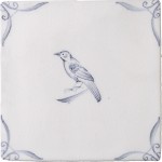 Cut out of a delft birds square tile with the classic blue style with an ivory background and ornate delft corners