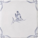 Cut out of a delft birds square tile with the classic blue style with an ivory background and ornate delft corners