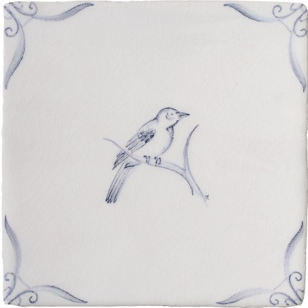 Cut out of a delft birds square tile with the classic blue style with an ivory background and ornate delft corners