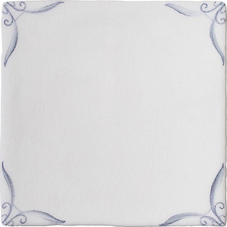 Cut out of a delft square tile with the classic blue style with an ivory background and ornate delft corners