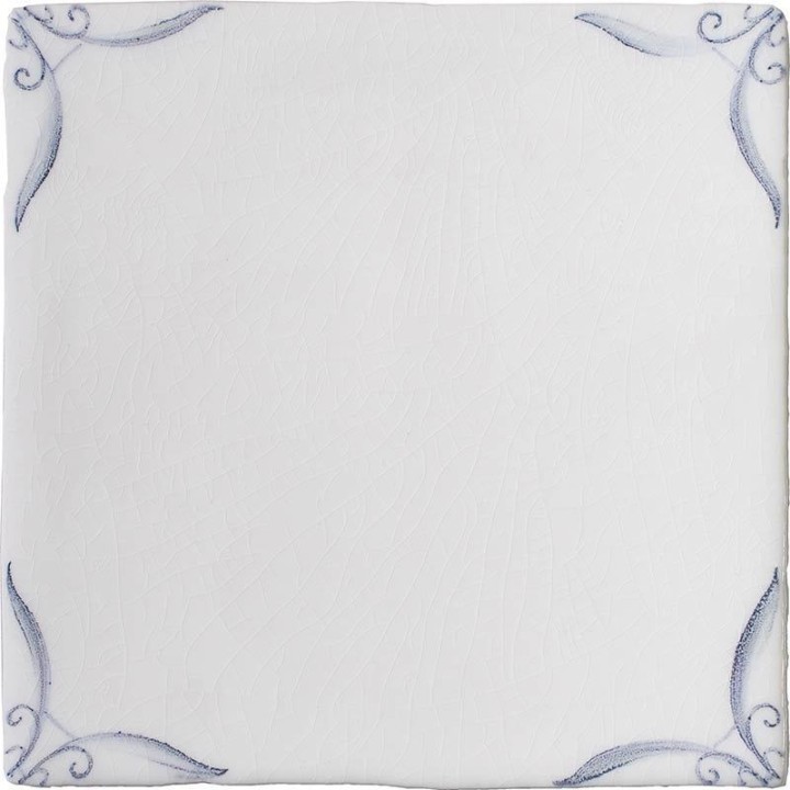 Cut out of a delft square tile with the classic blue style with an ivory background and ornate delft corners