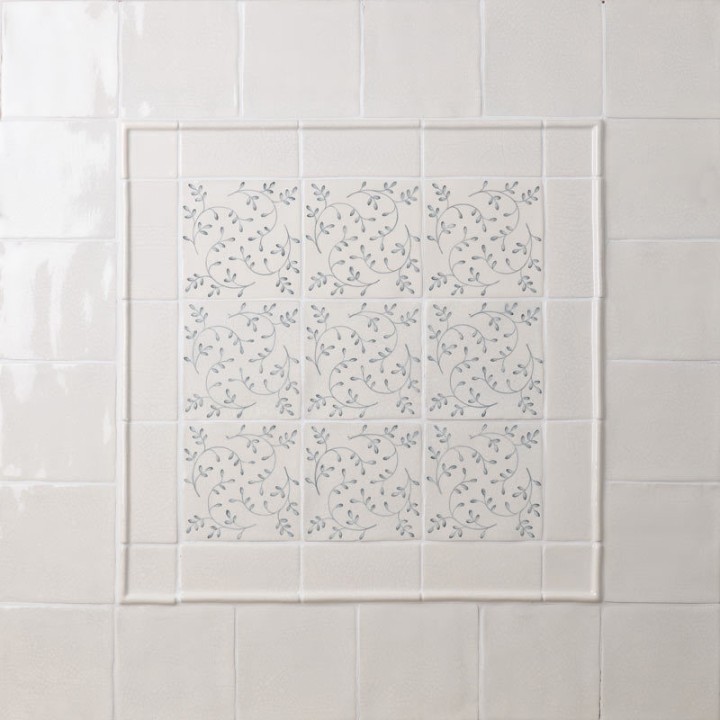Flax Blue Pattern Square tiles wall panel, framed with half rounds and paired with Emma Flax Blue Plain Square tiles and border tiles
