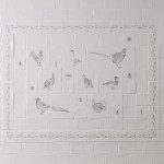 Cooker splash back tile panel with country birds and insects with a border framed with antique white square tile