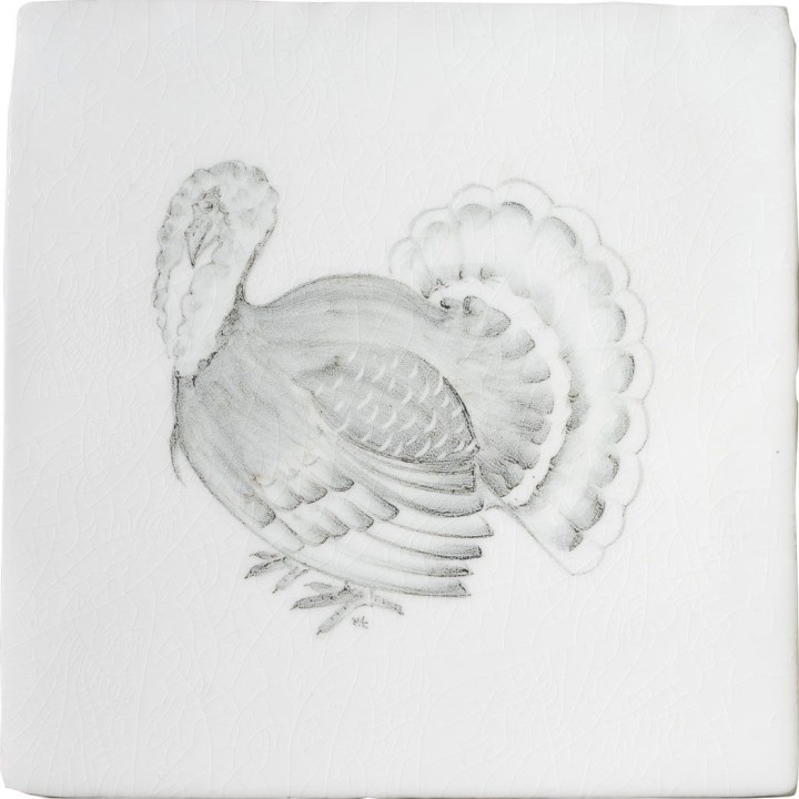 Cut out of a hand painted turkey bird square tile in a classic charcoal style
