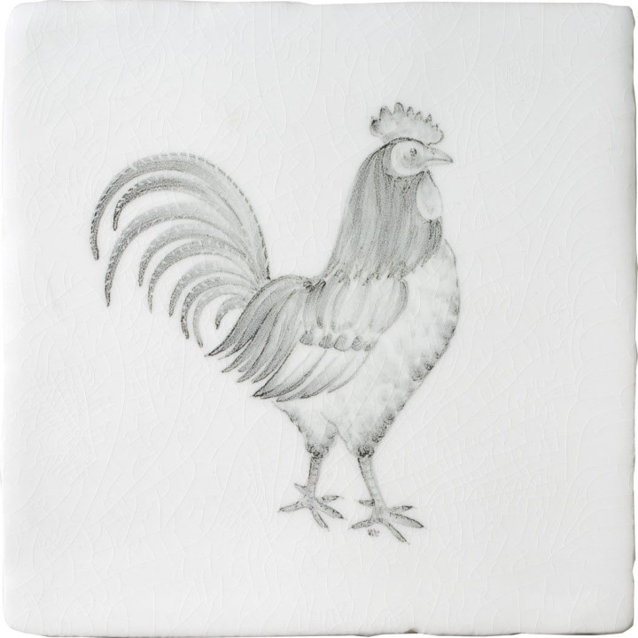 Cut out of a hand painted cockerel square tile in a classic charcoal style
