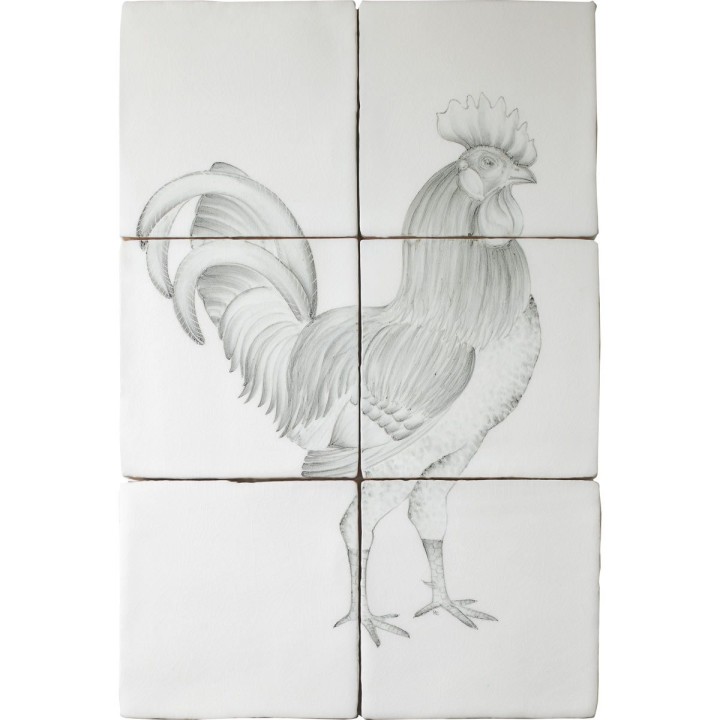 Cut out of a 6 tile panel of a hand painted cockerel in a classic charcoal style