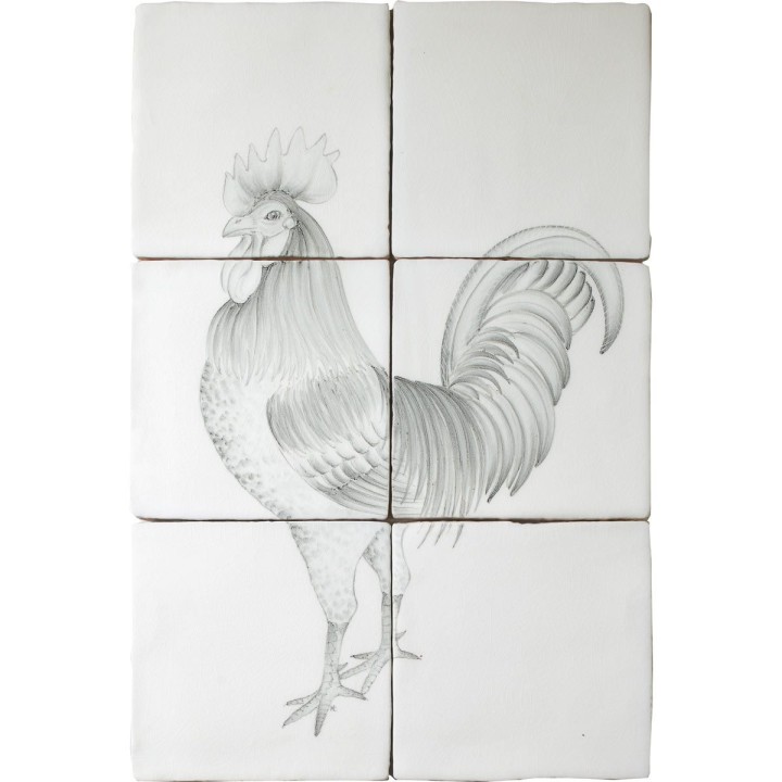 Cut out of a 6 tile panel of a hand painted cockerel bird in a classic charcoal style
