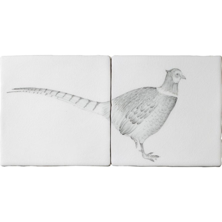 Cut out of a 2 tile panel of a hand painted pheasant bird in a classic charcoal style